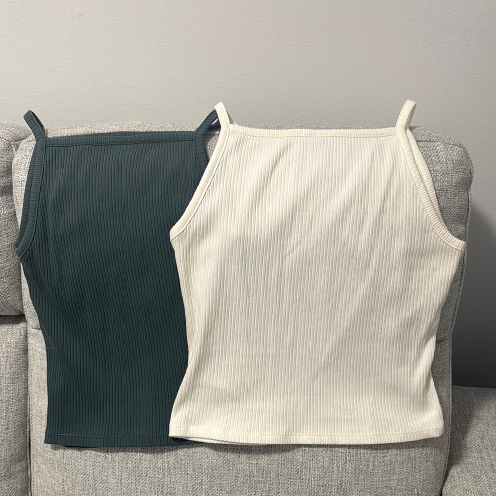 Ribbed Tank Top Set - Dark Green and White